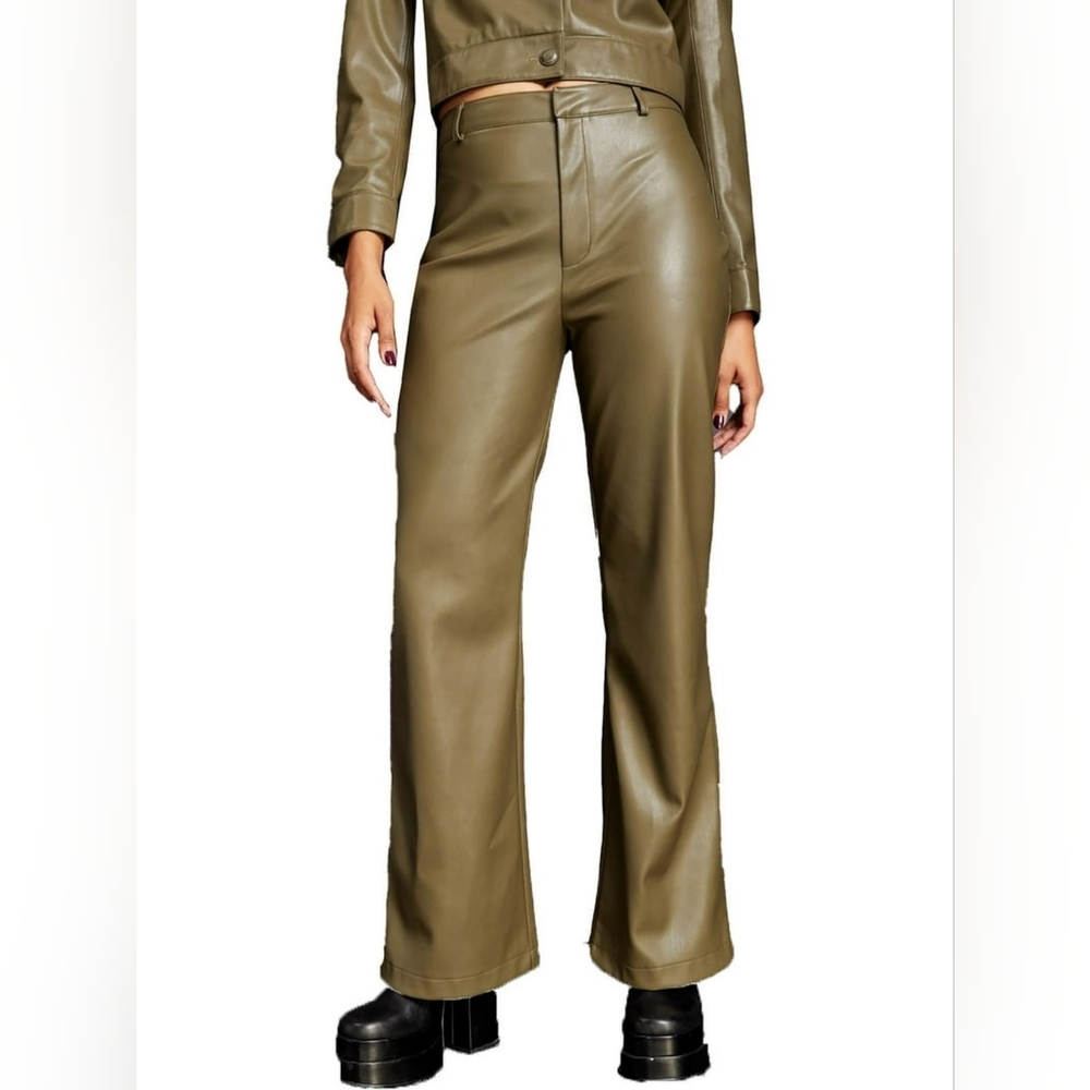Royalty By Maluma Faux Leather High Waist Flared Pants Olive Sz 00 New